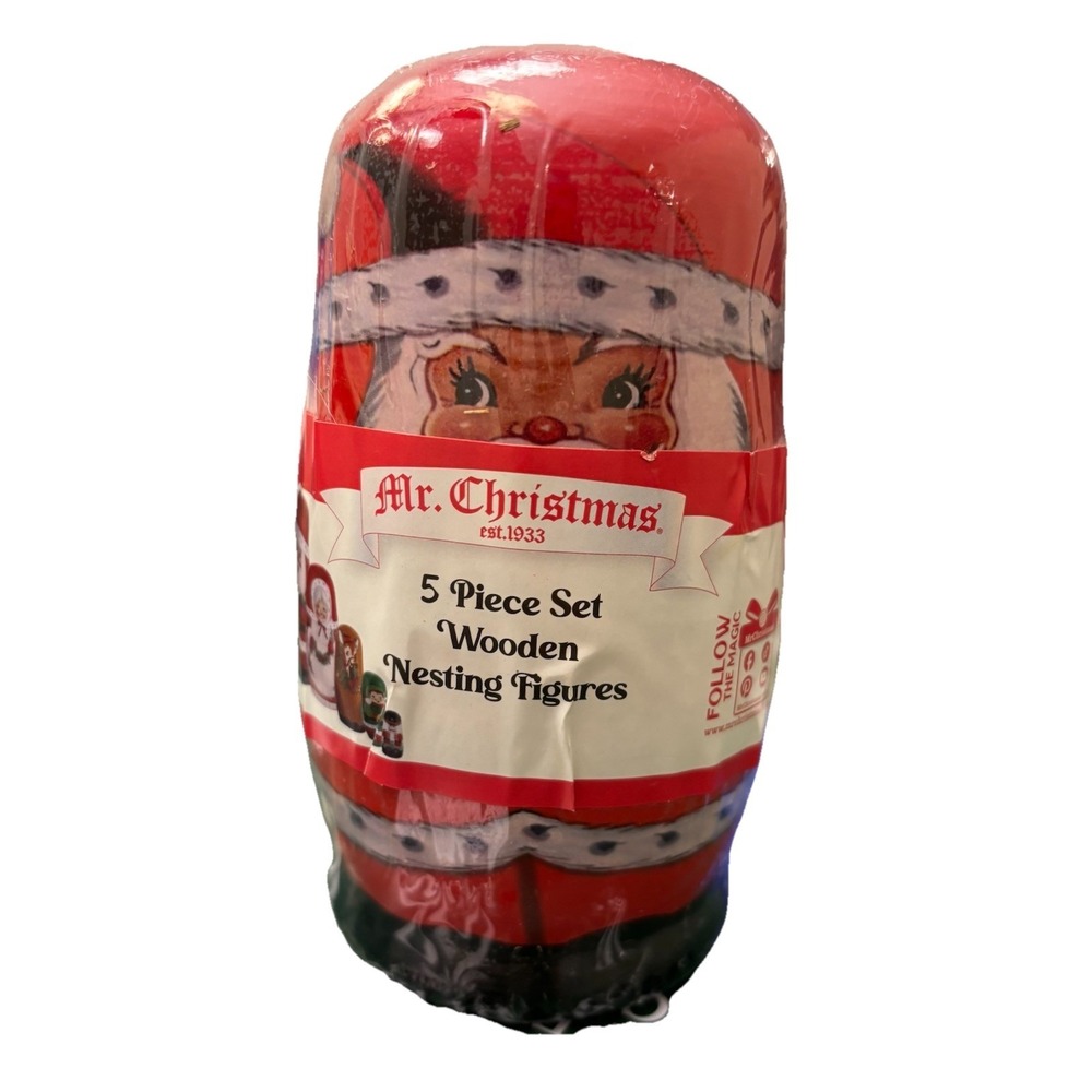 Mr Christmas 2024 Santa Family 5 Pc Wooden Nesting Figures Dolls Gift